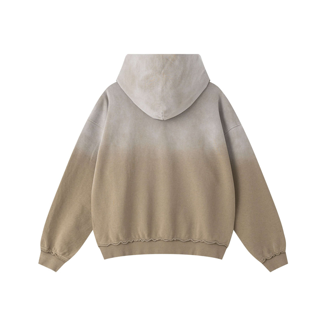 Back view of a Vintage Batik Hoodie in distressed washed design with raw edge detailing.