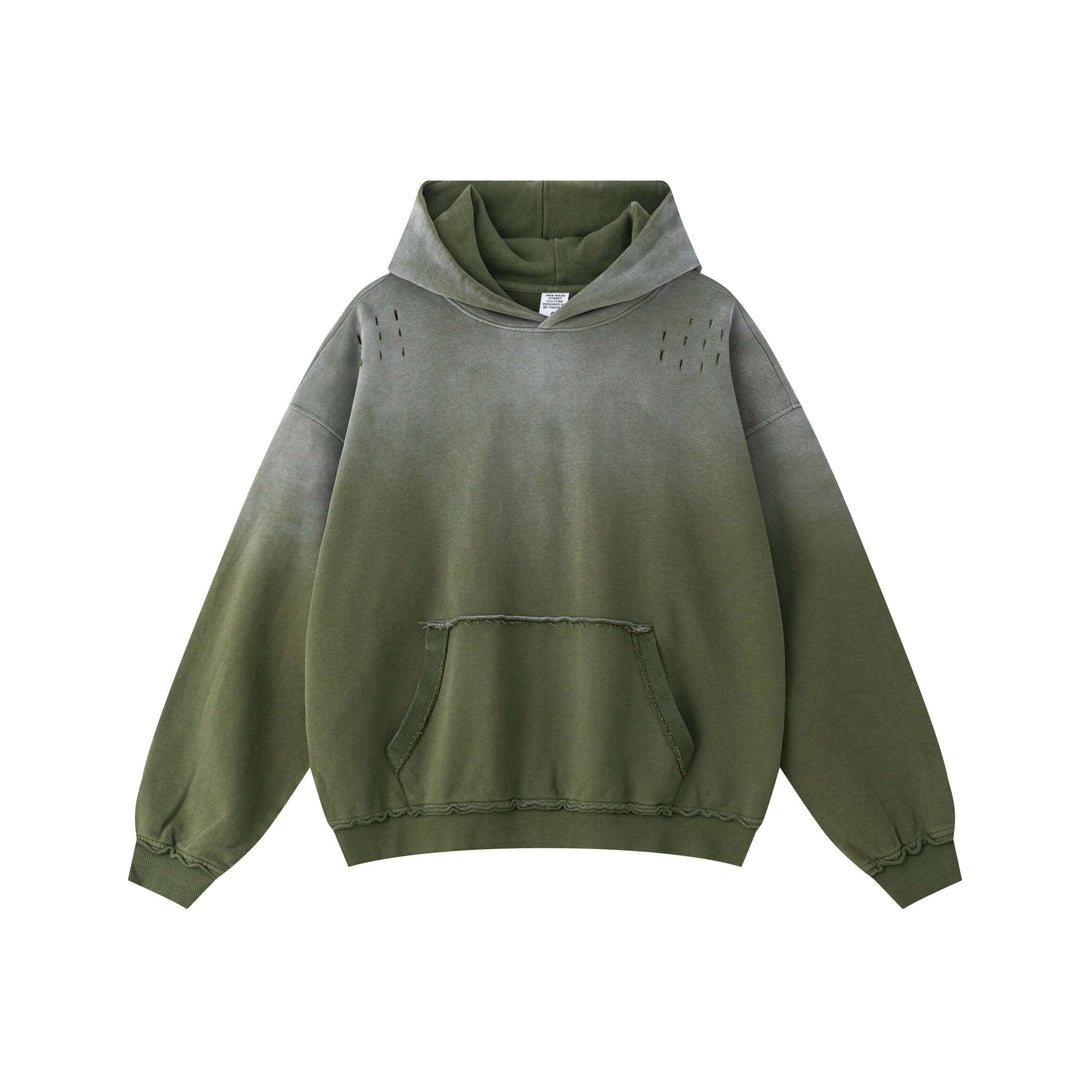 Vintage Batik Hoodie features unique fading, distressed shoulder rips, and raw edge details for an urban aesthetic.