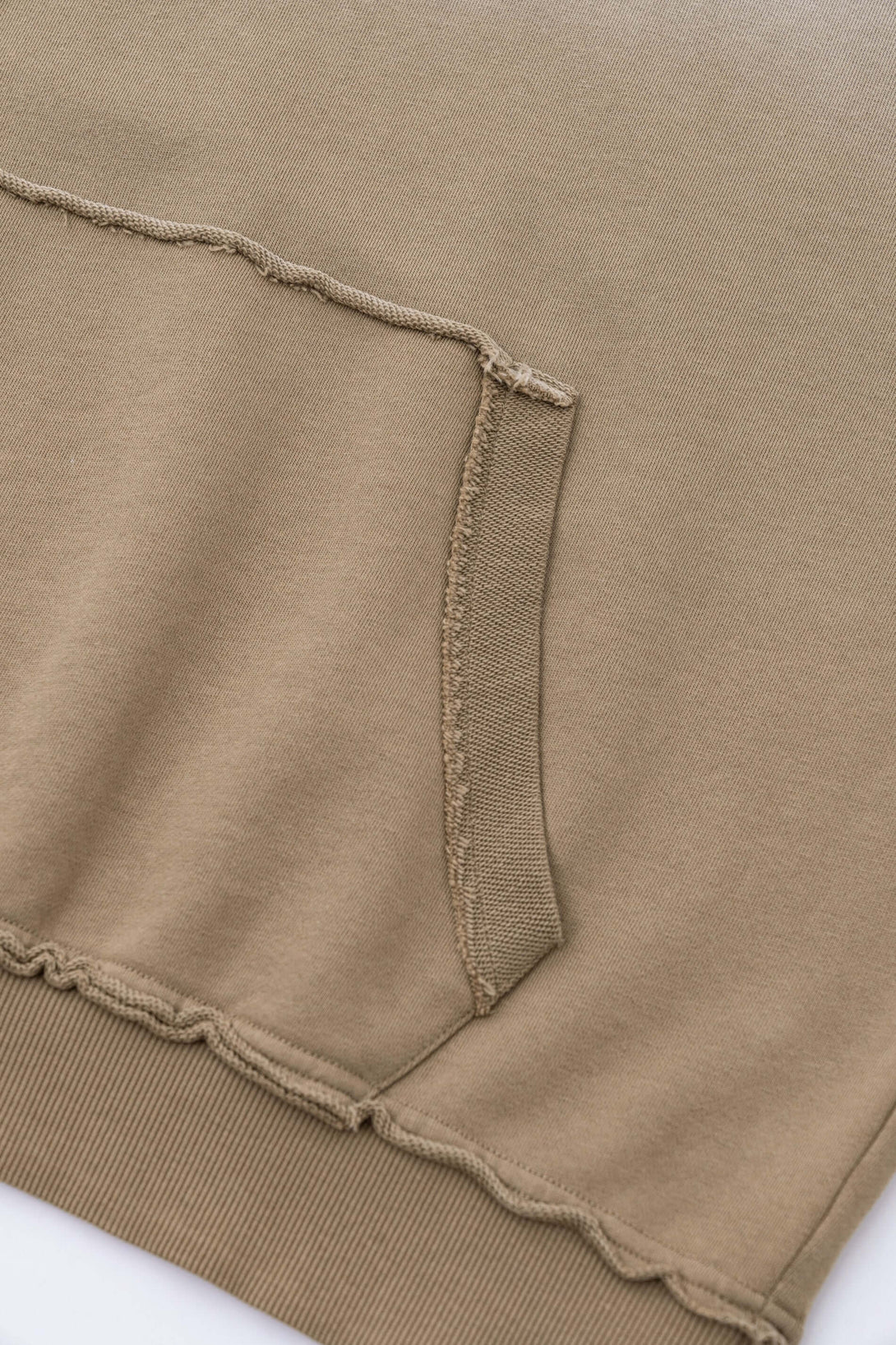 Close-up of the pocket detail on a Vintage Batik Hoodie showcasing raw edge styling.