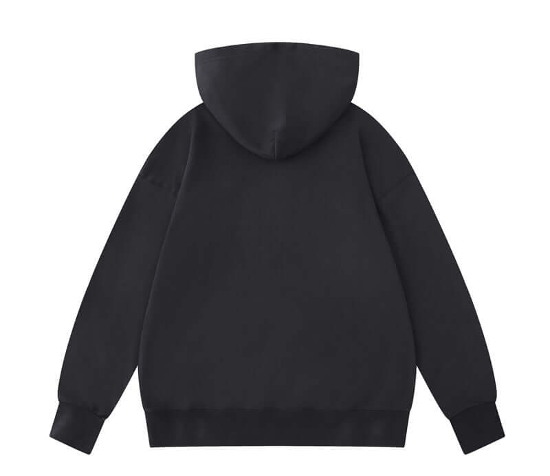 Back angle of dark grey cotton hoodie