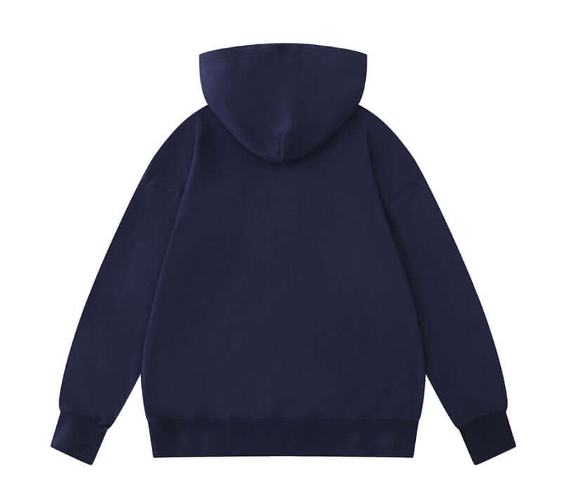 Rear angle of navy cotton hooded sweatshirt