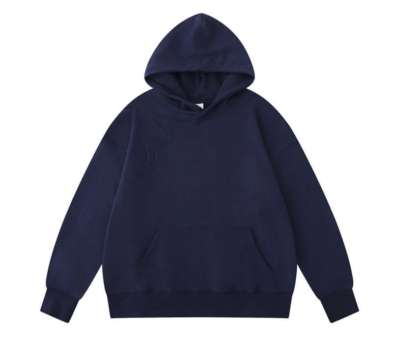 Navy blue hoodie front with matching drawstrings