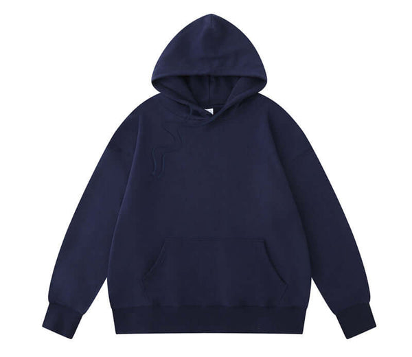 Navy blue hoodie front with matching drawstrings
