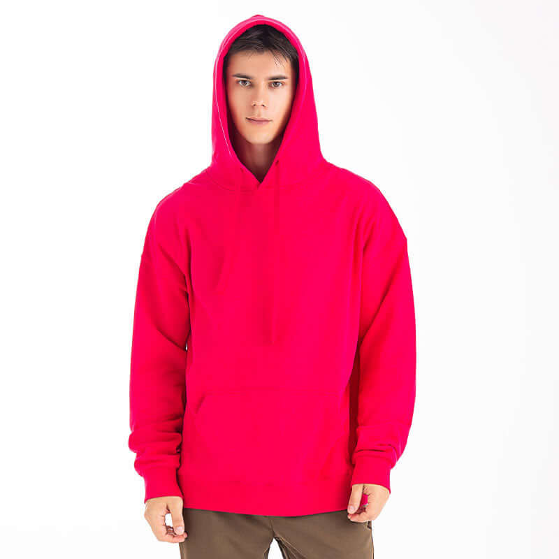 Male model wearing rose red hoodie