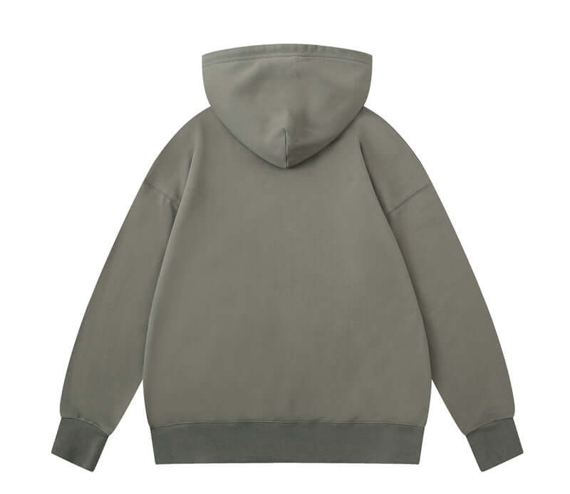 Back view of heavyweight cotton hooded sweatshirt in steel grey
