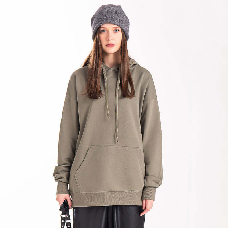 Female model styling steel grey hoodie