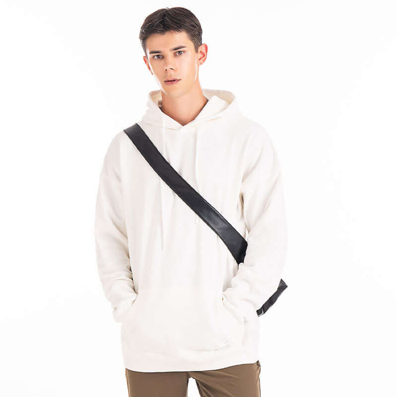 Male model in white 400g cotton hoodie