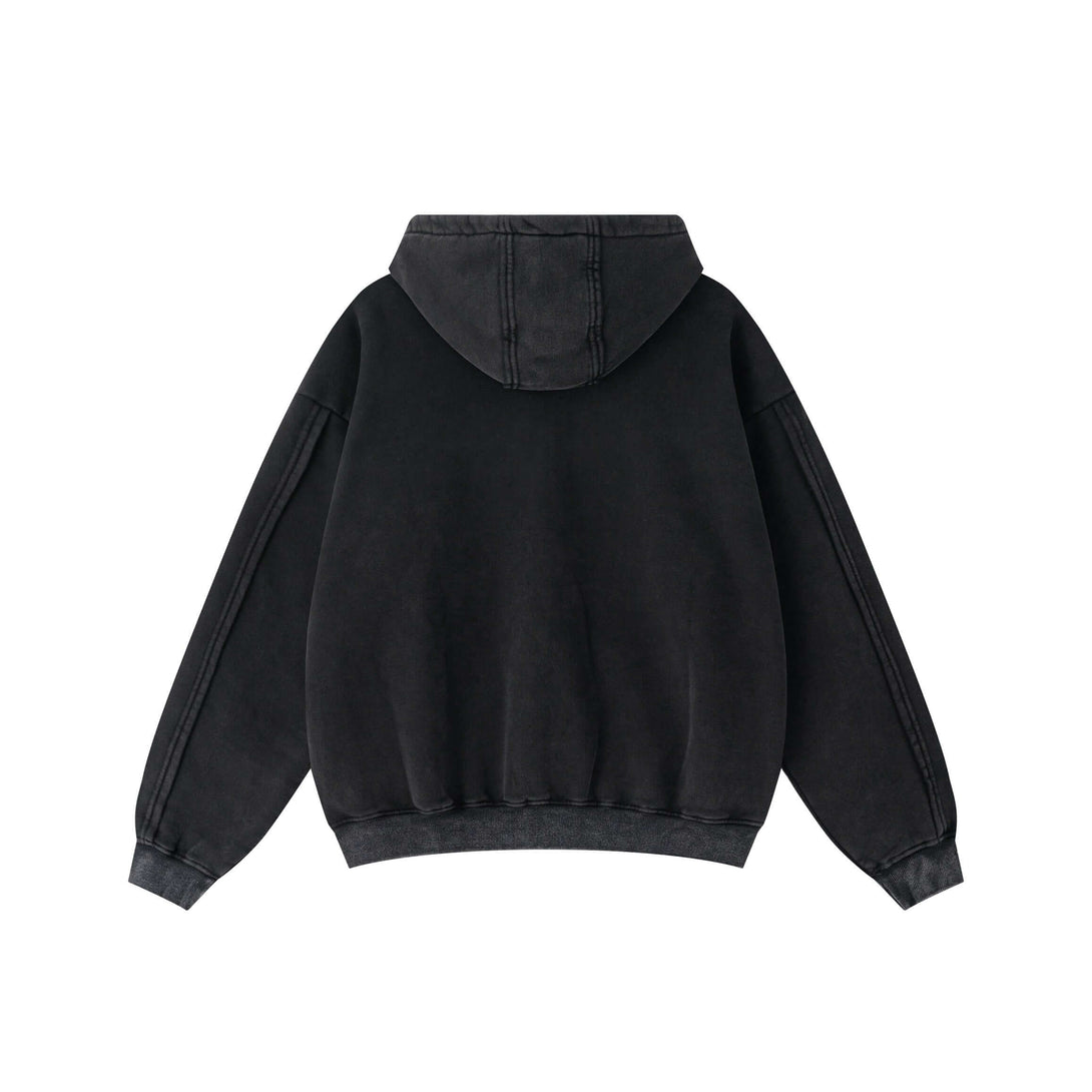 Back view of Double Zip Washed Hoodie in black, showcasing its urban streetwear design and cozy fleece material.
