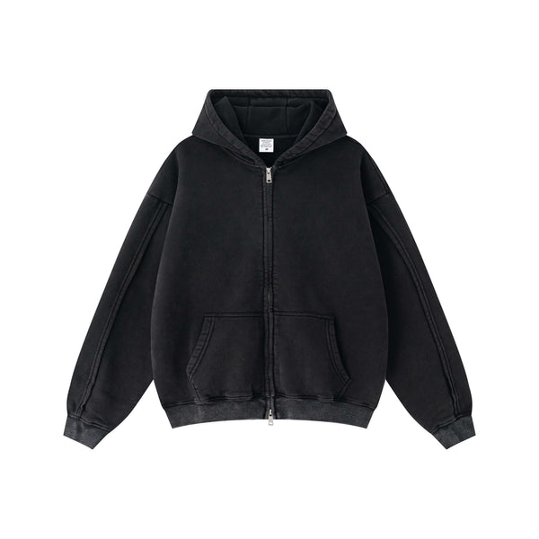 Double Zip Washed Hoodie in black color, featuring a double zip design and heavy fleece material, ideal for urban streetwear.