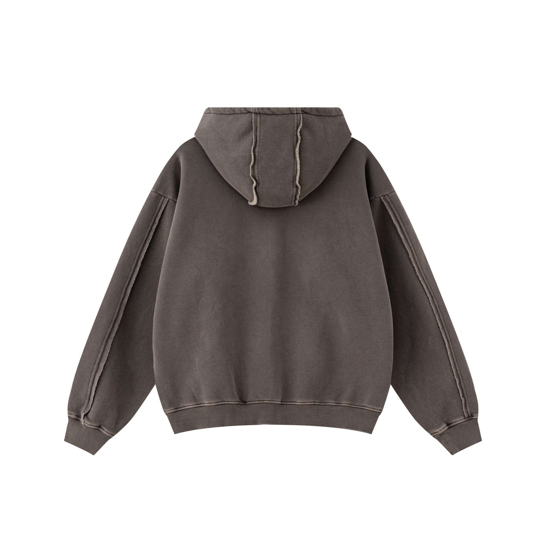 Back view of Double Zip Washed Hoodie showcasing premium brushed fleece material.