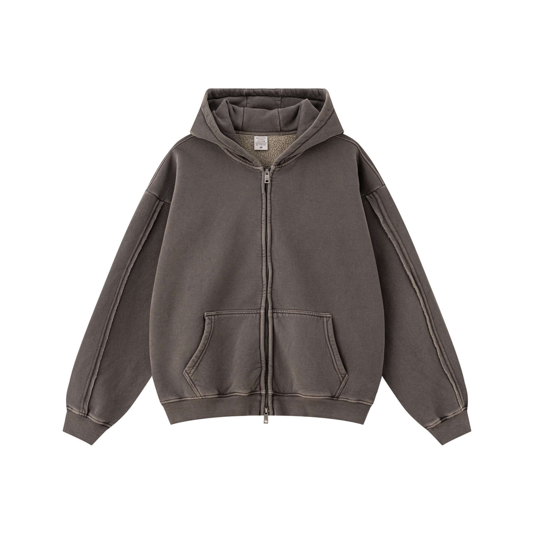Double Zip Washed Hoodie showcasing a brushed fleece design in gray, perfect for urban streetwear style.