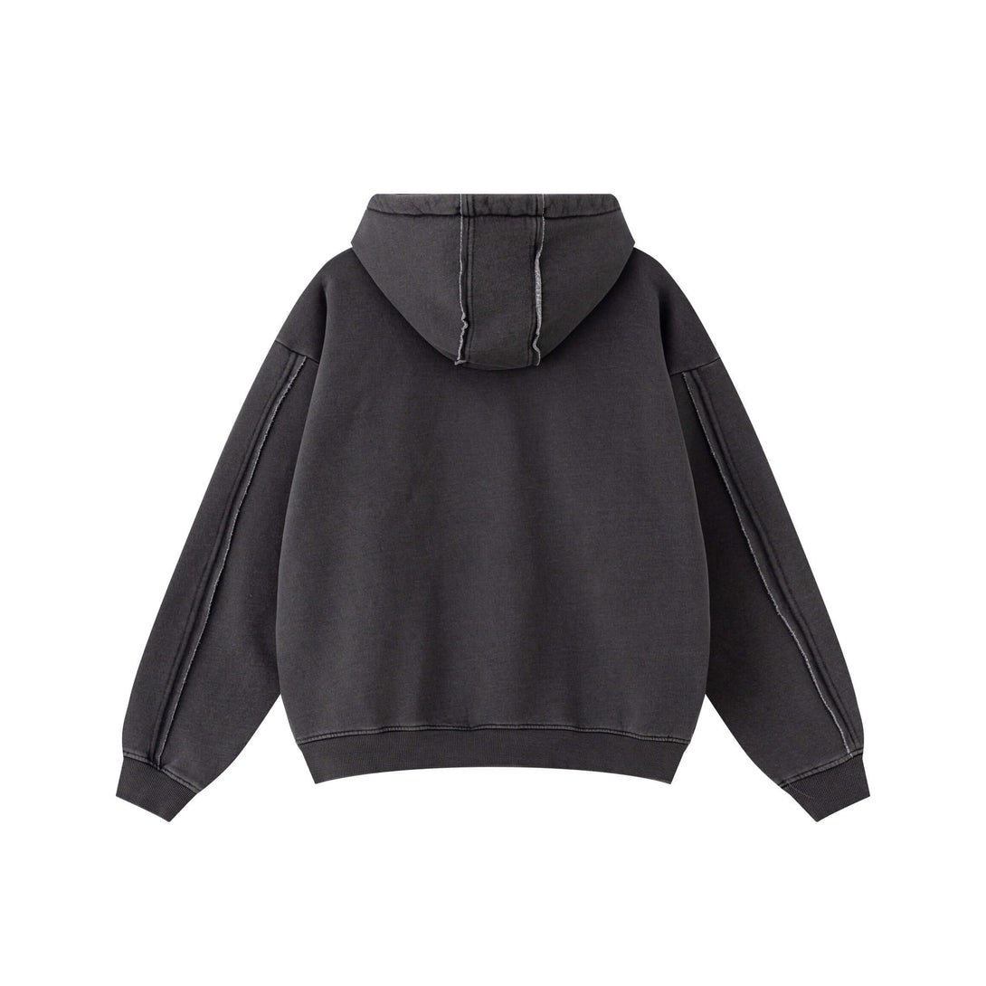 Back view of Double Zip Washed Hoodie, showcasing the design of the 400g fleece jacket in men's streetwear.