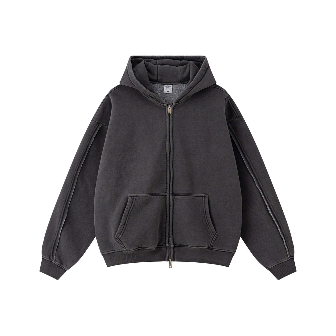 Double Zip Washed Hoodie in black, featuring a double zip design and spacious front pockets, perfect for streetwear styles.