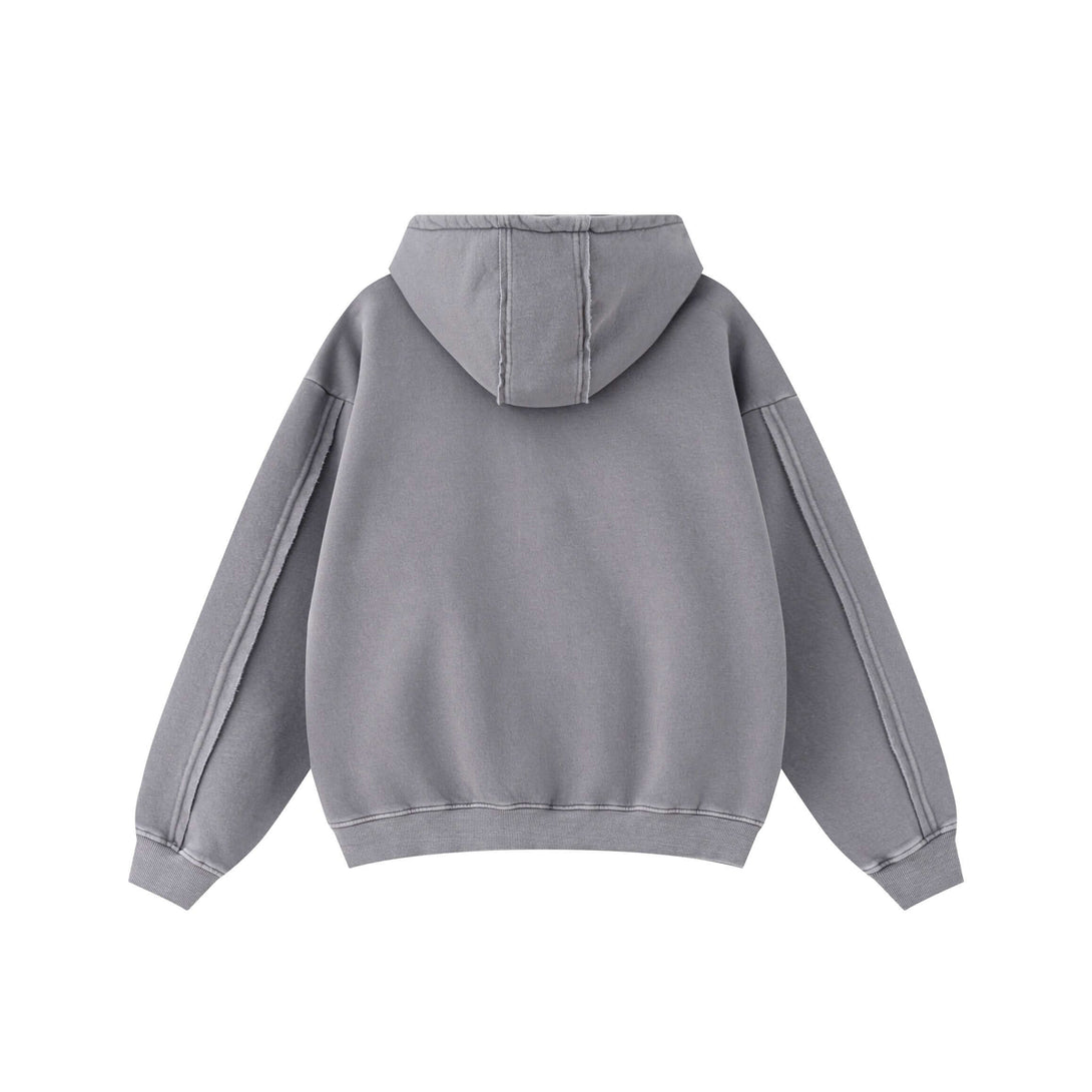Back view of Double Zip Washed Hoodie, showcasing its high-quality fleece and urban streetwear design.