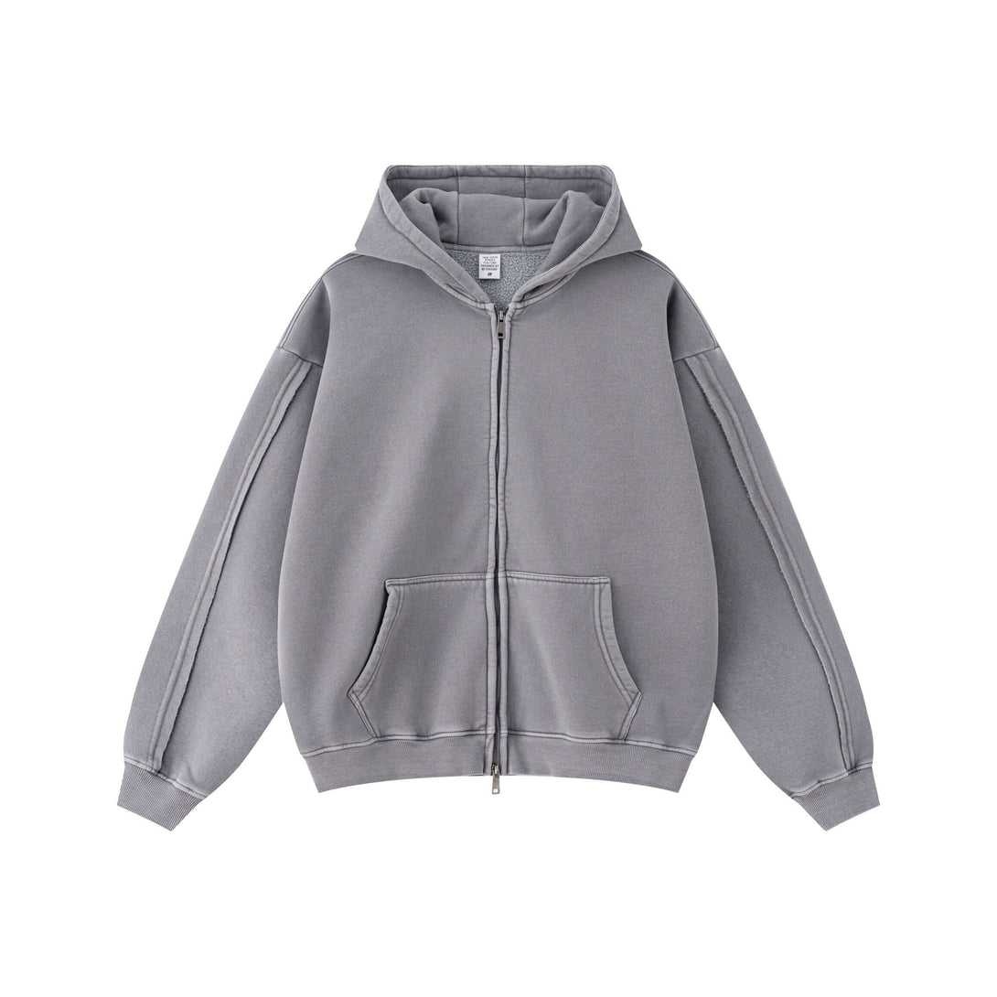 Double Zip Washed Hoodie in grey, featuring a zip front, hood, and casual streetwear design.