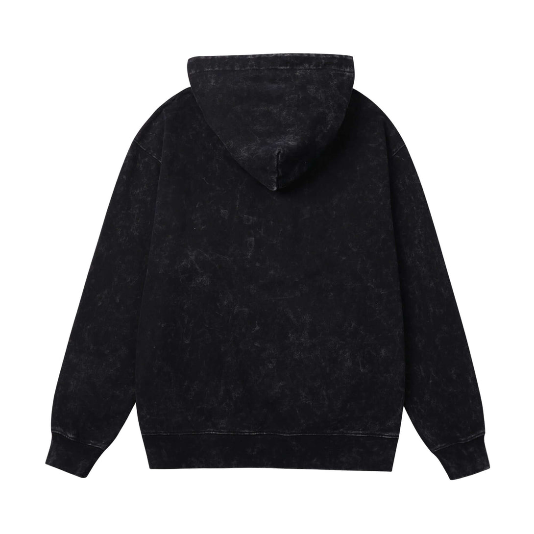 Back view of black 430g heavyweight vintage wash oversized hoodie
