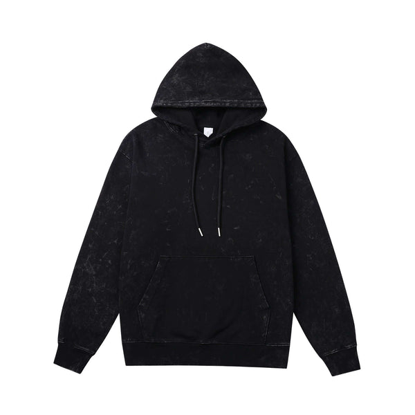 Front view of black 430g heavyweight washed cotton unisex hoodie
