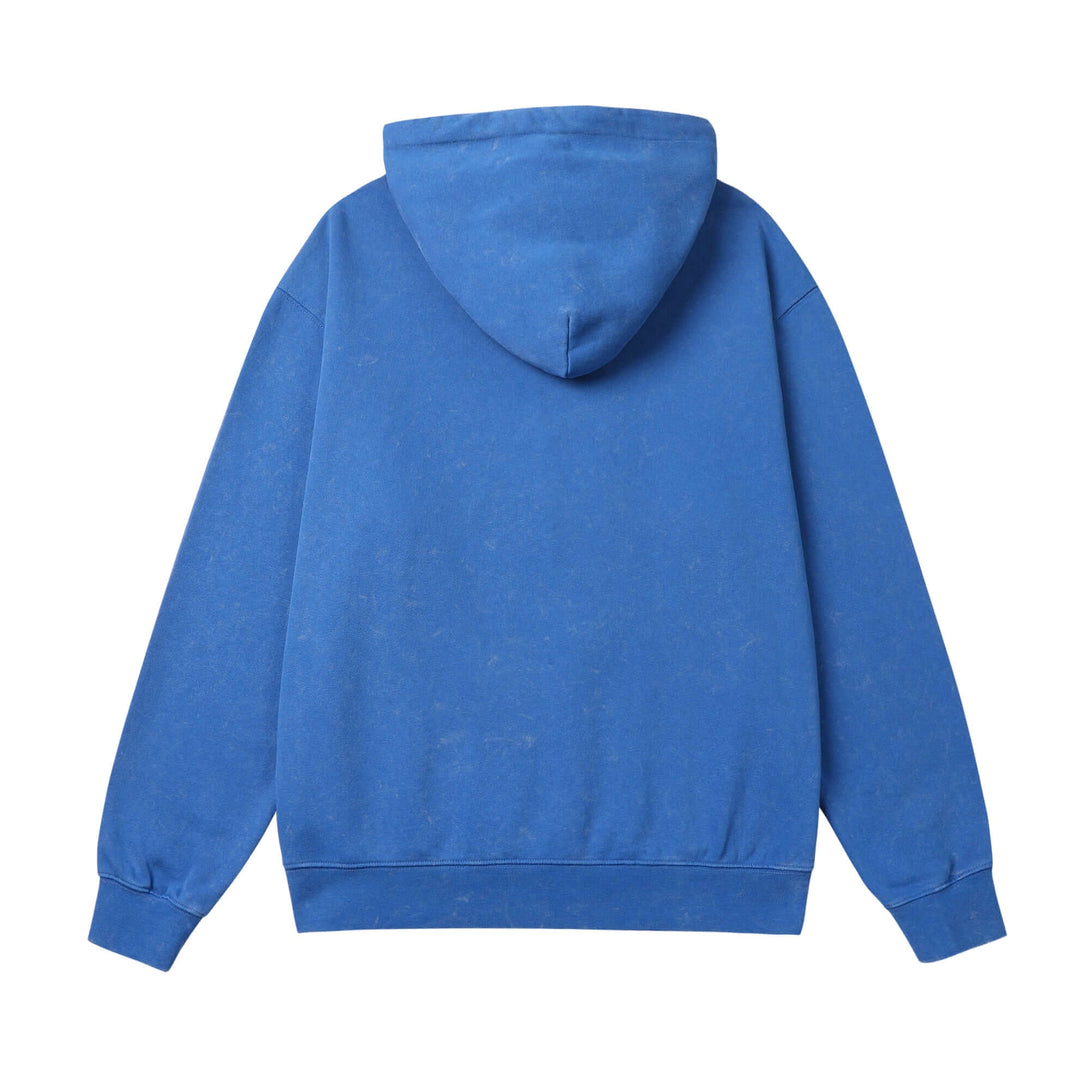 Back view of bright blue vintage wash cotton hoodie