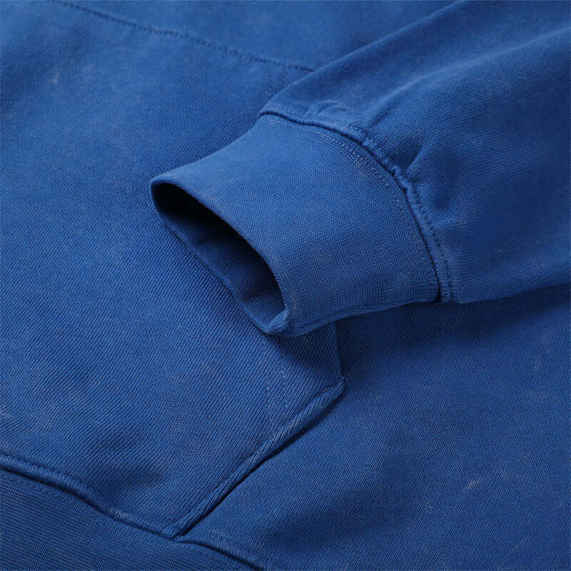 Ribbed cuff stitching on 430g heavyweight washed hoodie