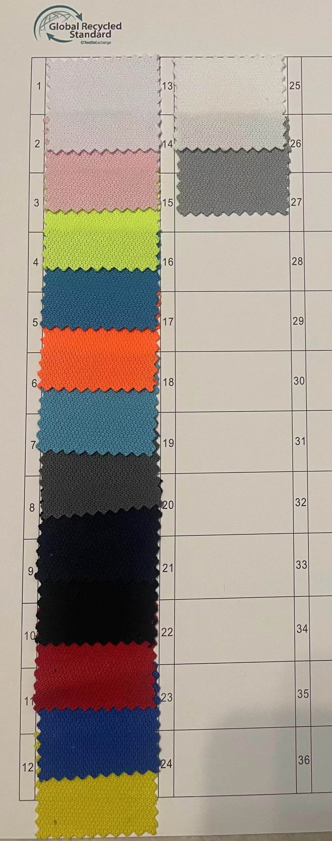 Color swatches for Recycled Polyester Long Sleeve Polo shirt, showcasing various fabric options for sustainable workwear.