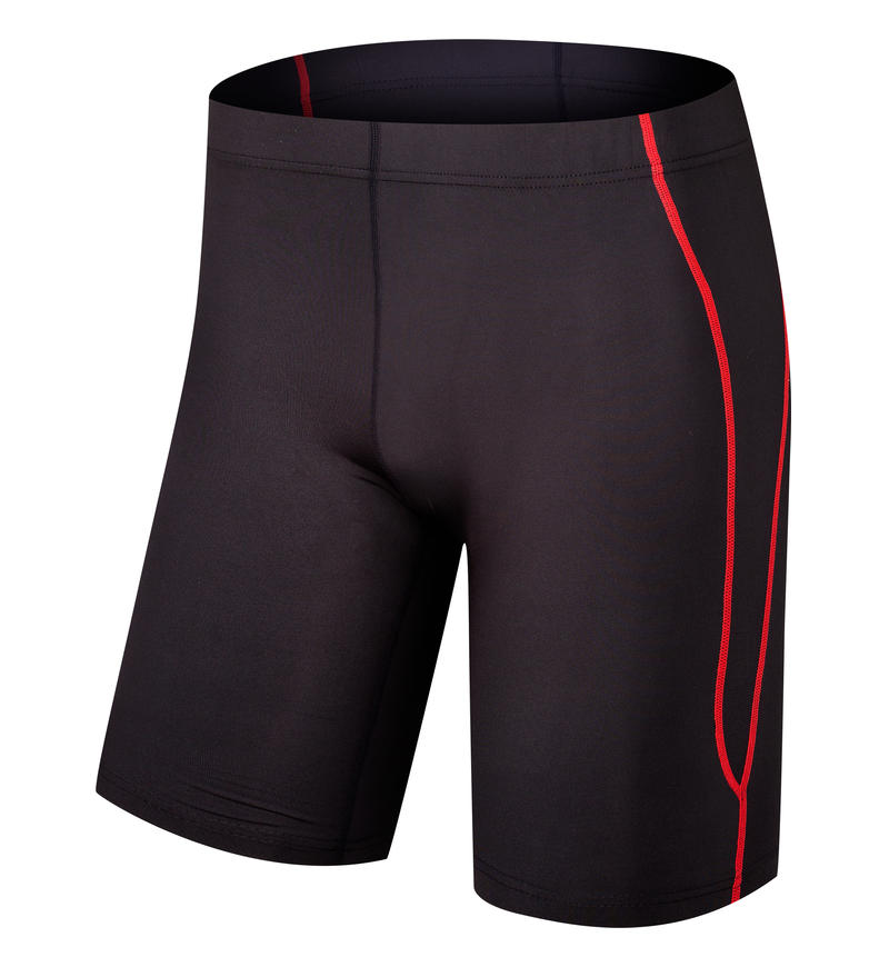 Front view of Black/Red unisex quick-dry training shorts with contrast side stripe