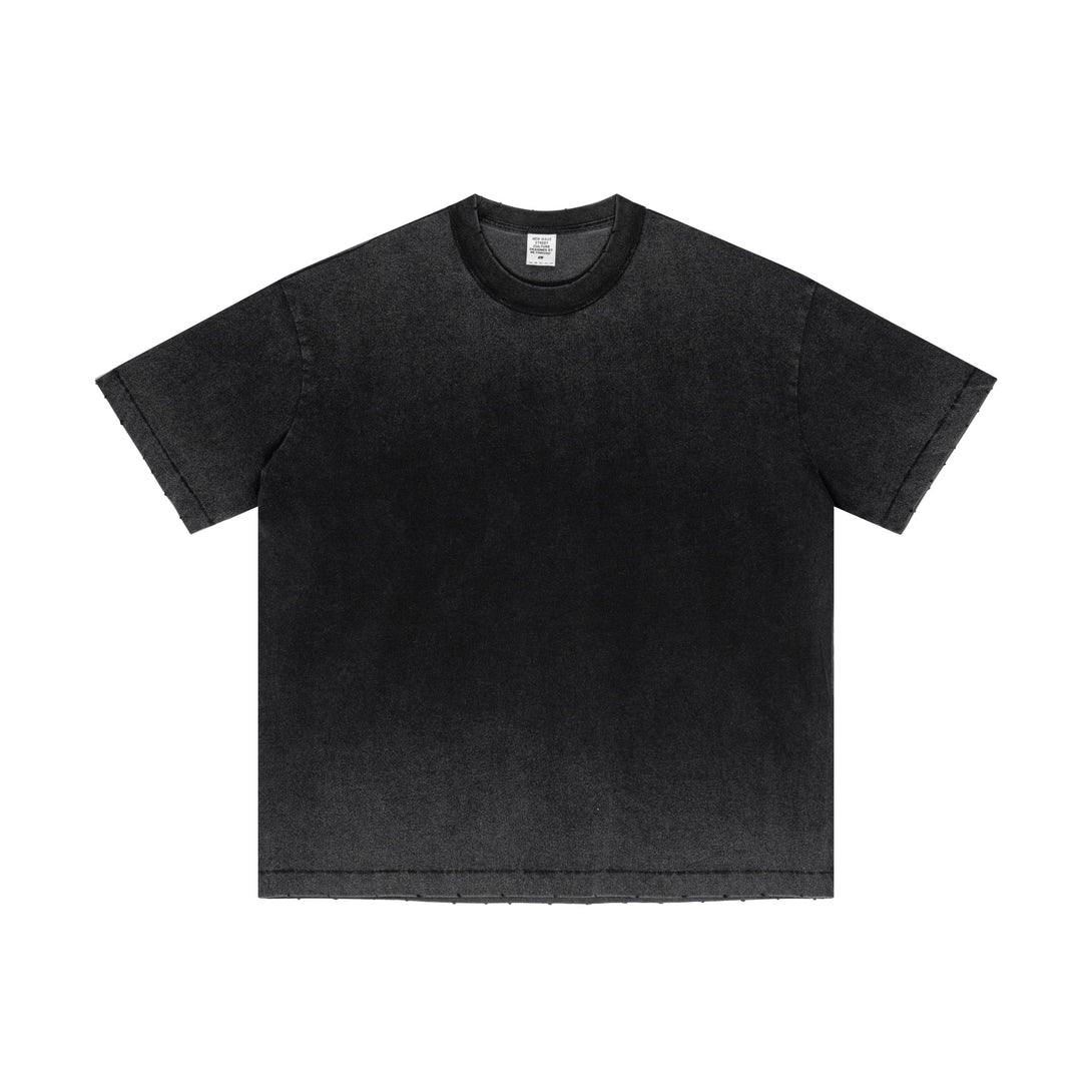 Bulk distressed pigment wash tee - Black front | Raw-edge oversized blank for wholesale