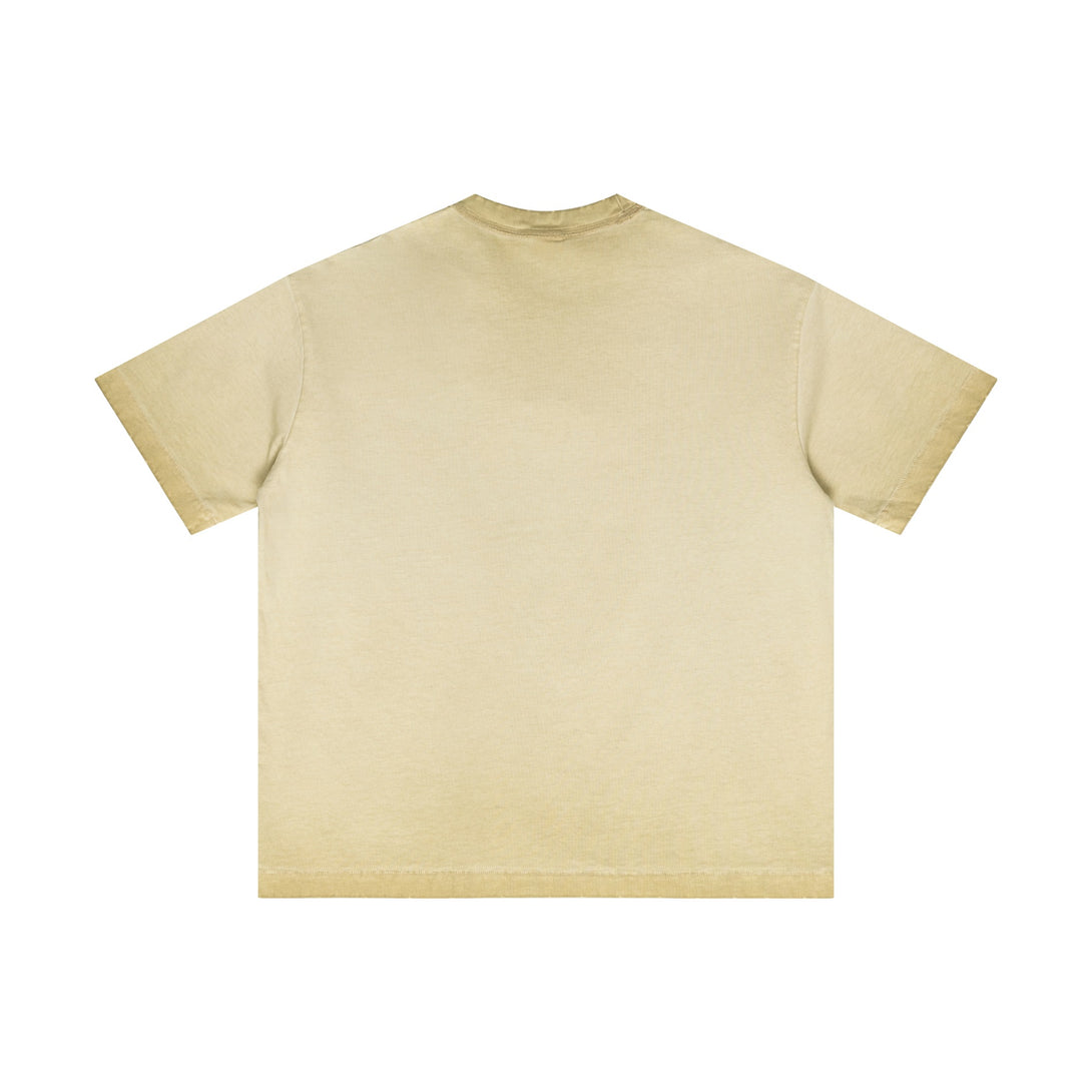 Khaki raw-edge tee back | Distressed finish | OEM clothing production
