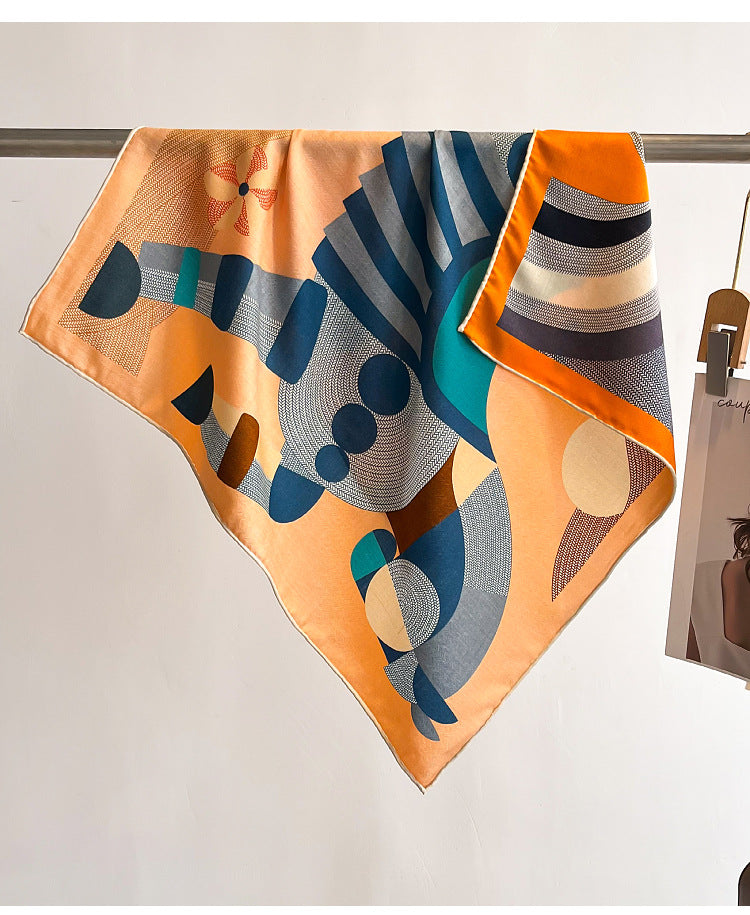 Reversible Silk-Wool Scarf Back - Woven Pony Pattern Detail, Orange & Multicolor Textile