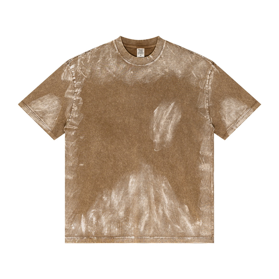 Coffee color vintage wash tee | Hand-brushed texture detail | Bulk streetwear manufacturing