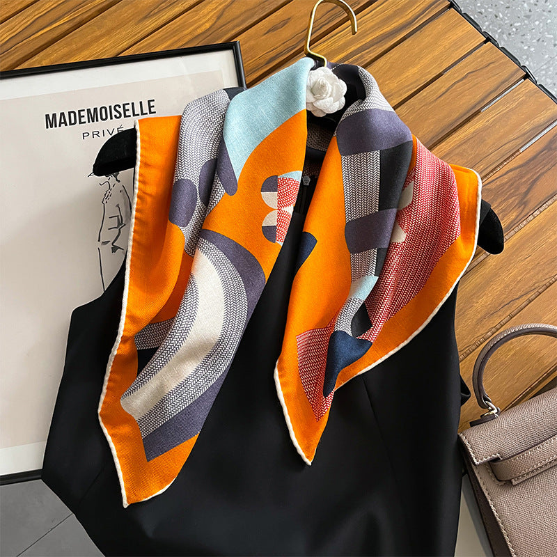 Reversible Silk-Wool Scarf - Sunset Pony Print (Orange/Multicolor) Front View, Luxury Equestrian Design