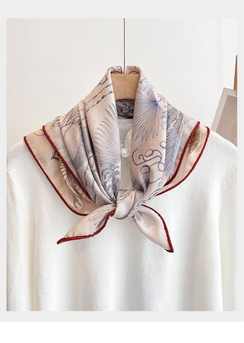 Reversible Silk Wool Scarf in Island Breeze - Tropical Palm Print Front View on Sand Beige Base, Dual-Sided Design