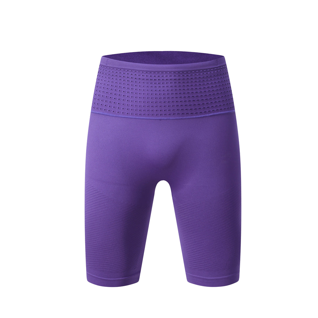 Men's purple compression training shorts front view flat lay