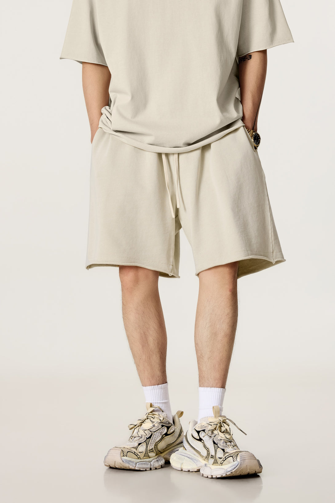 Model wearing pigment dye shorts front