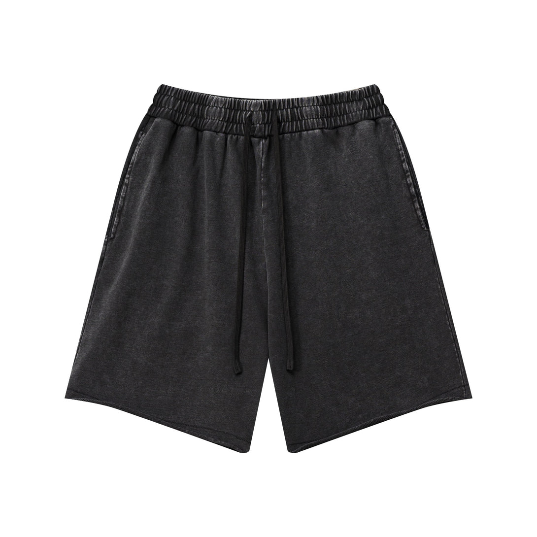 Black pigment dye washed shorts front view