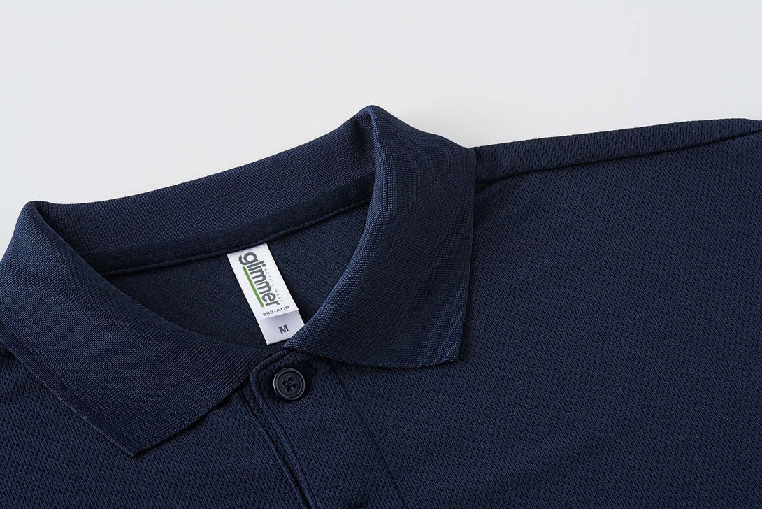 Recycled Polo Shirts: V-Neck Short-Sleeved Eco Design in navy blue fabric close-up.
