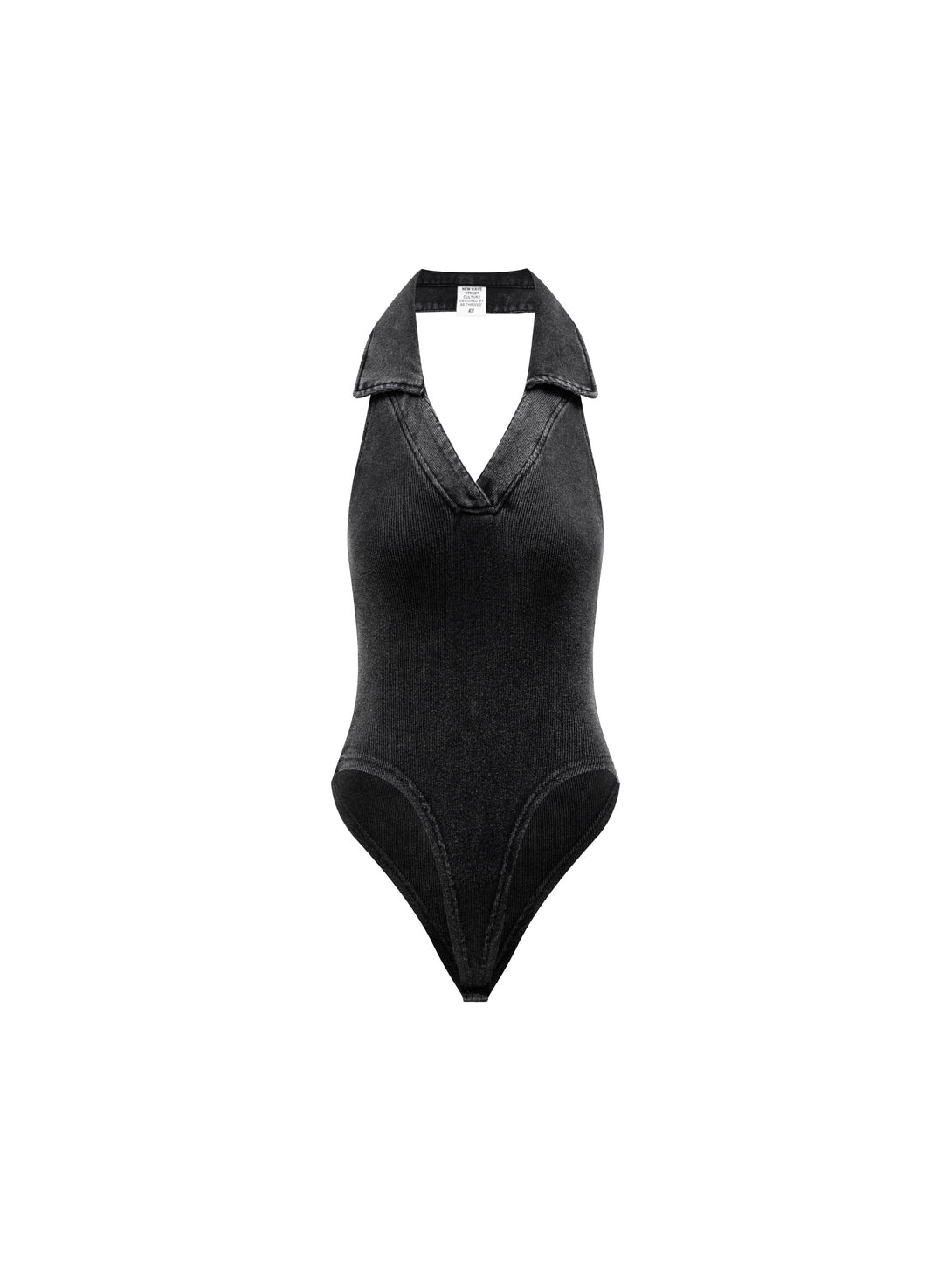 Front view of women's snow wash halter neck bodysuit with V-neck