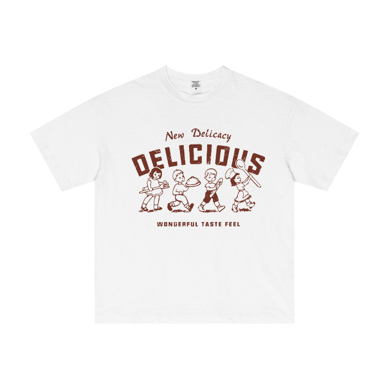 Printed design detail on Apricot yarn-dyed cotton tee, textured fabric surface for wholesale QC.