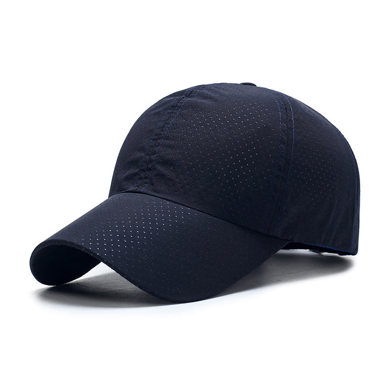 Navy blue performance baseball cap - breathable mesh fabric custom logo available