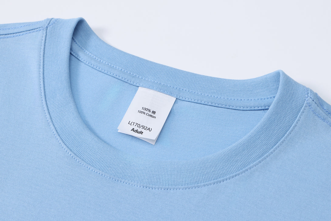 Close-up detail of 1x1 ribbed collar on cotton round neck blank t-shirt