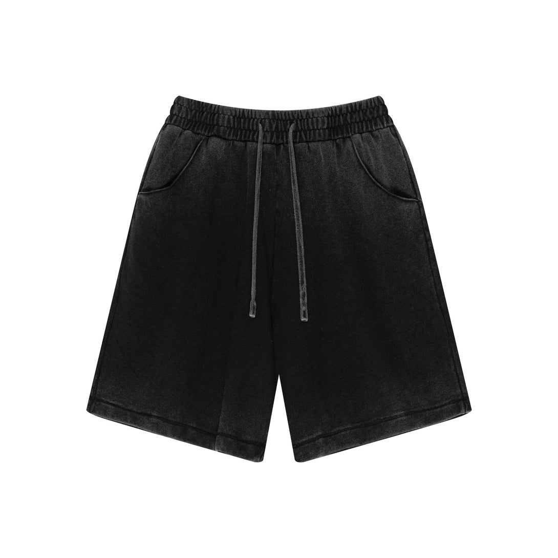 Black cotton shorts front view - heavy vintage wash distressed streetwear style