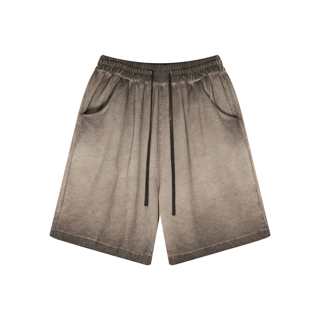 Coffee brown cotton shorts front view - vintage wash distressed streetwear style