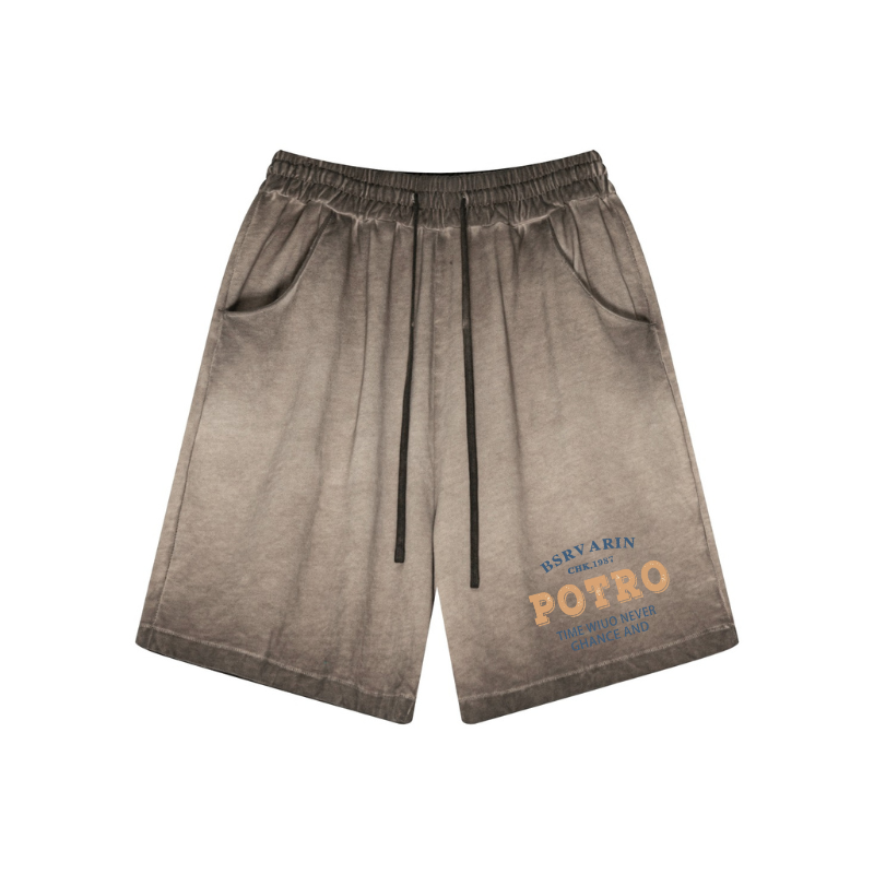 Coffee brown cotton shorts printed front graphic - vintage wash streetwear style