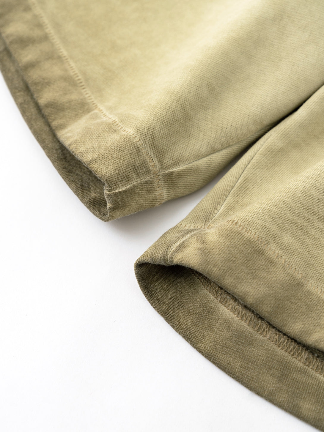 Khaki cotton shorts hem stitching detail - 100% cotton vintage wash craftsmanship
