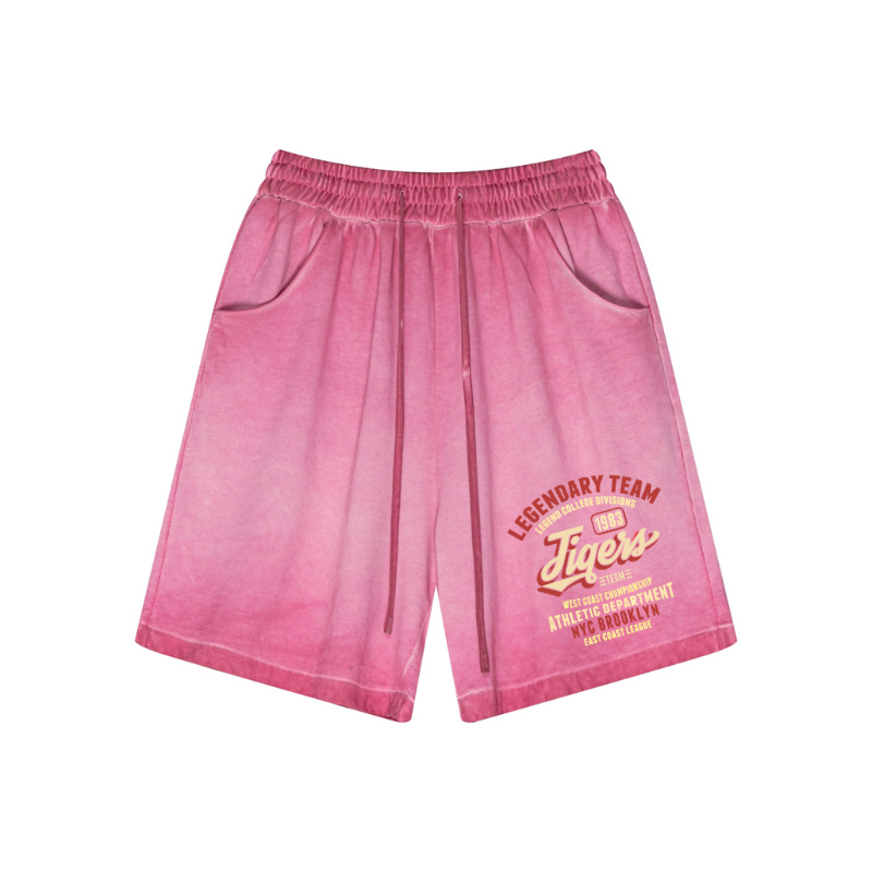 Rose Red cotton shorts printed front design - vintage wash distressed streetwear detail
