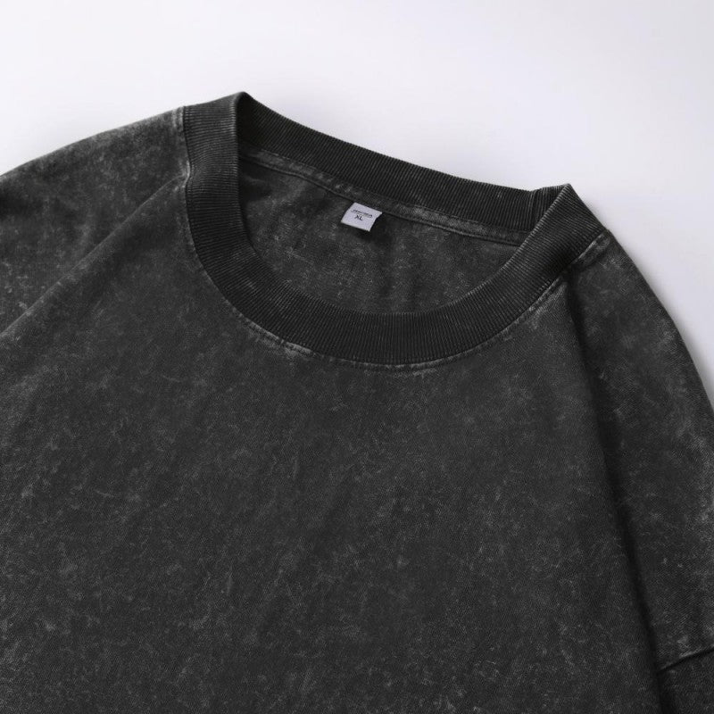 Close-up detail of 1x1 ribbed collar on cotton vintage long-sleeved t-shirt