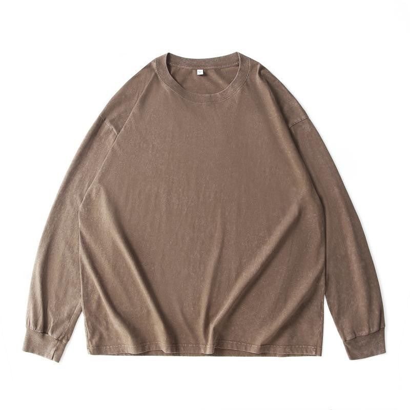Cotton vintage long-sleeved t-shirt in coffee brown color - front view