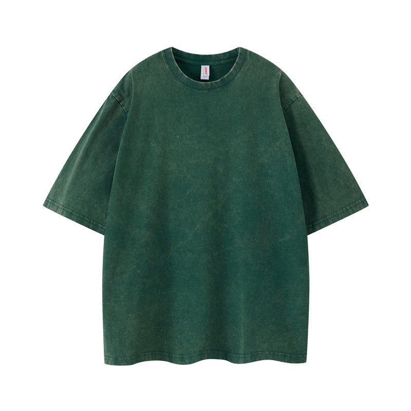 Cotton vintage wash t-shirt in dark green color - front view