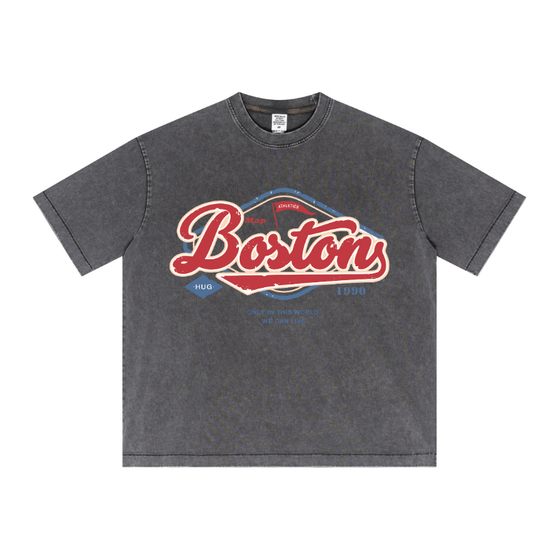 Dark Gray Custom Print Placement Example | Screen Printing on Vintage Snow-Wash Tee | Branding Demo for B2B Buyers
