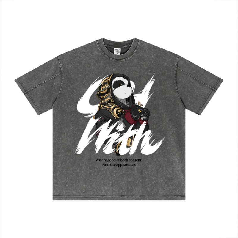 Distressed graphic print detail on Dark Gray cotton oversized t-shirt.