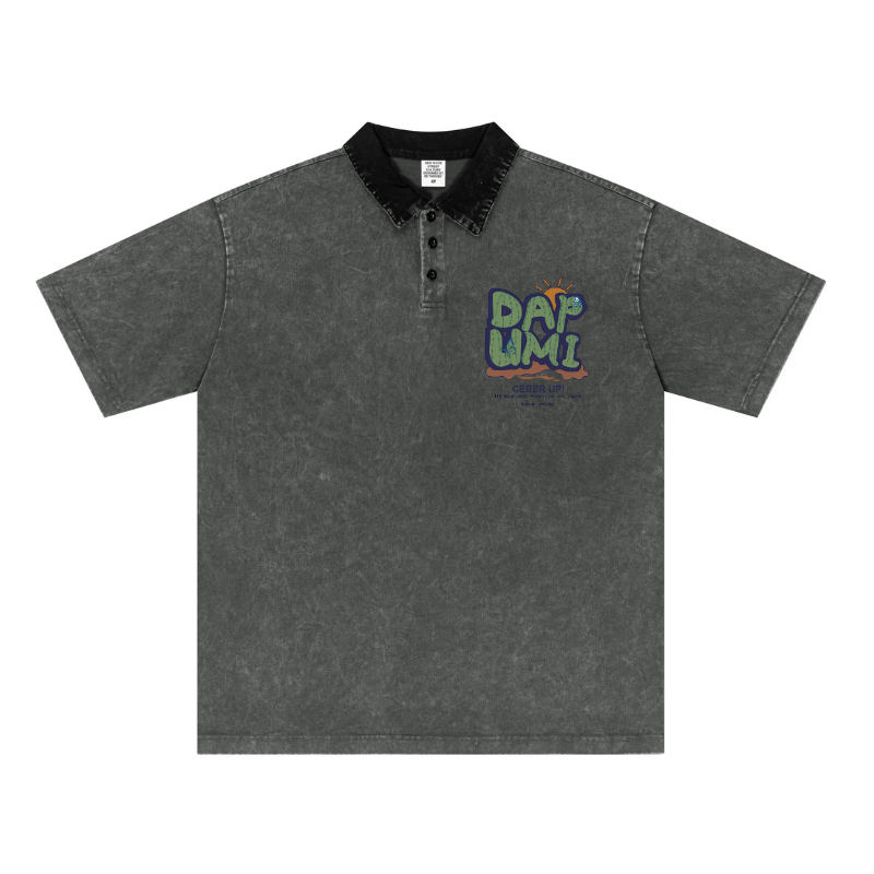 Graphic print detail on Dark Vintage Washed Cotton Polo, streetwear-ready design for wholesale buyers.